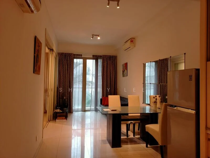 Dining features: white walls, glossy tile flooring, dining table with black legs and glass top, 4 white upholstered dining chairs, floor-to-ceiling windows, sheer curtains, air conditioning unit on wall, decorative vase on table, wall-mounted mirror, recessed downlights; style: modern; view: garden. Living features: white walls, glossy tile flooring, sofa area visible, floor-to-ceiling windows, sheer curtains, air conditioning unit on wall, recessed downlights; style: modern; view: garden.