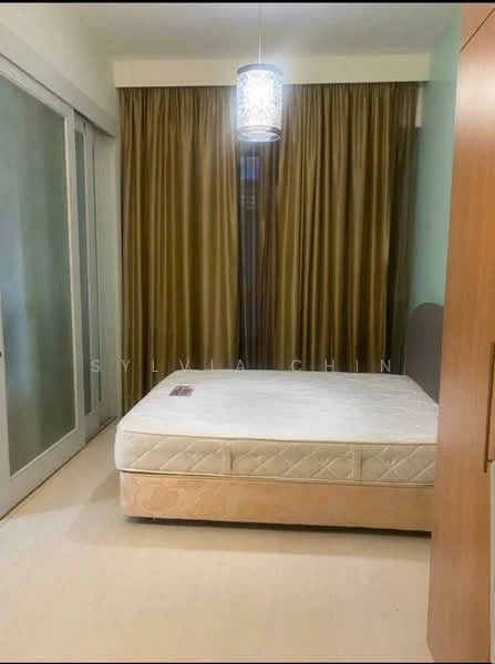 Bedroom features: queen-size bed, wooden headboard, built-in wardrobe, floor-to-ceiling windows, sheer curtains, dark brown curtains, pendant light, light-colored laminate flooring; style: modern.