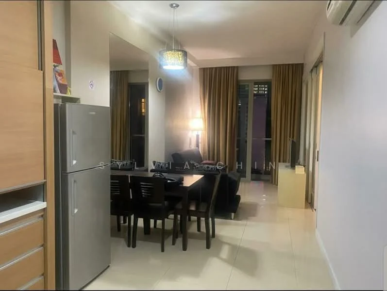 Dining features: 6-seater dining table, black dining chairs, refrigerator, pendant light, floor-to-ceiling windows, curtains, cream tiled flooring, wall-mounted air conditioning unit; style: modern. Living features: black fabric sofa, coffee table, table lamp, wall-mounted TV, decorative wall art; style: modern.