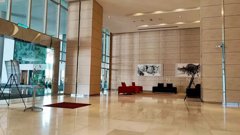 Lobby features: marble flooring, high ceiling, large glass windows, red accent chairs, black sofa, framed artwork on walls, recessed lighting, decorative wall panels, area rug, open layout; style: modern; view: city.