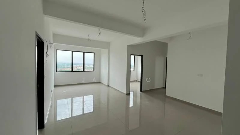 Room features: white painted walls, grey accent wall, glossy ceramic tile flooring, large windows, ceiling with exposed wiring, open layout, natural light, neutral color scheme; style: modern; view: city.
