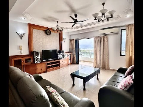 Living features: 3-seater leather sofa in dark grey, 2-seater leather sofa in dark grey, coffee table with glass top, wall-mounted TV, built-in wooden entertainment unit, ceiling fan with 5 blades, recessed downlights, decorative wall sconces, floor-to-ceiling windows, curtains in beige, tile flooring in light beige, wood paneling on feature wall, decorative cushions with floral pattern; style: contemporary; view: city.