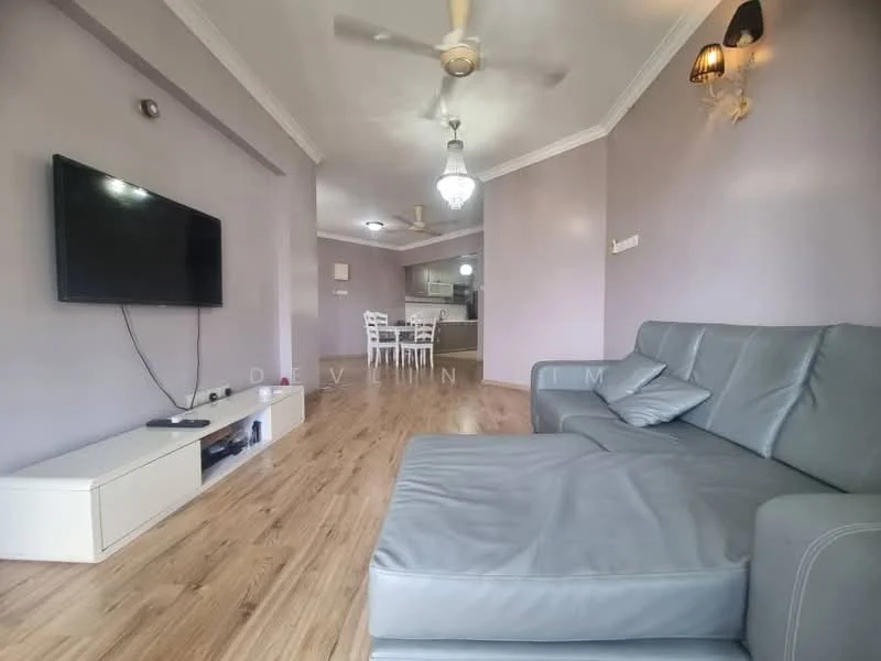 Living features: grey leather sectional sofa, wall-mounted TV, white TV console, wooden flooring, ceiling fan, decorative wall sconce, light fixture with chandelier, painted purple walls, open layout to kitchen, dining area visible in background; style: modern.