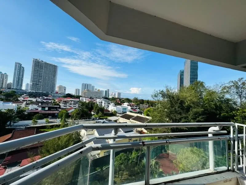 Room features: glass railing, balcony, city skyline view, surrounding greenery, clear blue sky; view: city.