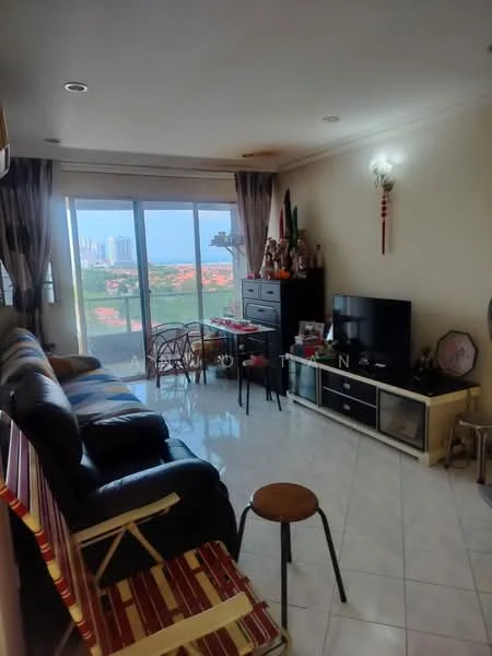 Living features: black leather sofa, wooden coffee table, TV console with glass doors, wall-mounted TV, floor-to-ceiling windows, curtains, ceramic tile flooring, decorative wall art, side cabinet, stool, folding chair; style: contemporary; view: city.
