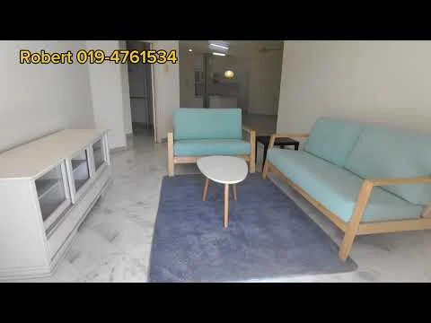 Living features: light grey marble flooring, white painted walls, 2-seater fabric sofa in light blue, 2-seater fabric sofa in light green, wooden coffee table with round top, area rug in dark blue, TV console with glass doors, recessed downlights, floor-to-ceiling windows, open layout to adjacent areas; style: modern.