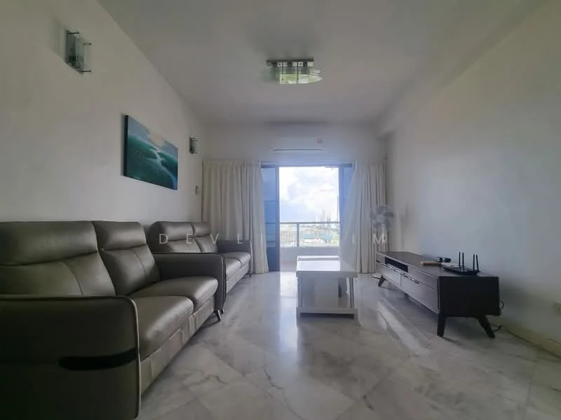 Living features: 3-seater leather sofa in grey, coffee table, TV console, wall-mounted TV, marble flooring, floor-to-ceiling windows, sheer curtains, recessed downlights, decorative wall sconce; style: modern; view: city.