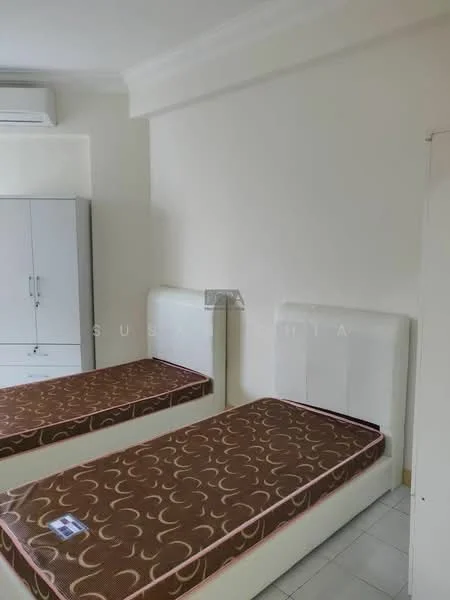 Bedroom features: two single beds with white upholstered headboards, brown patterned mattresses, white walls, tile flooring, built-in wardrobe with grey doors, 1 wall-mounted split AC.