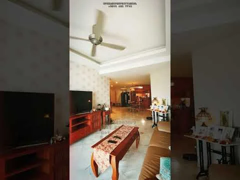 Living features: 5-blade ceiling fan, marble flooring, cream painted walls, wall-mounted TV, wooden TV console, coffee table, beige fabric sofa, decorative items on side table, recessed lighting, open layout to dining area; style: modern.