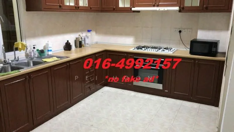 Kitchen features: brown wooden cabinetry, laminate countertop, double-bowl stainless-steel sink, chrome pull-down faucet, 4-burner gas hob, built-in oven, microwave, tile backsplash, cream tiled flooring, wall-mounted range hood, under-cabinet lighting, window above sink; style: traditional.