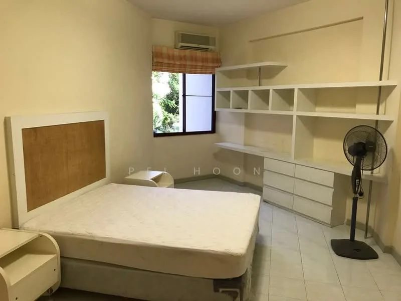 Bedroom features: single bed frame without mattress, built-in white shelving unit, white dresser with multiple drawers, window with sheer curtains, wall-mounted air conditioning unit, ceiling fan, light-colored tiled flooring, cream painted walls; view: garden.
