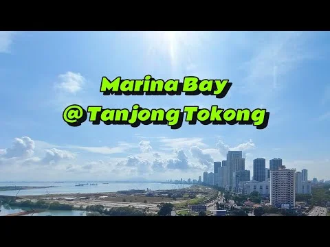 Exterior type: high-rise condominium; features: city skyline view, waterfront location, surrounded by urban development, clear blue sky, green landscaping in foreground, multiple high-rise buildings, construction site visible, marina area; style: modern.