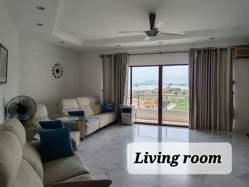 Living features: white painted walls, marble flooring, tray ceiling, 5-blade ceiling fan with light, floor-to-ceiling sliding glass door, curtains, beige leather sofa, two accent chairs, decorative wall clock, wall-mounted air conditioning unit, decorative cushions, view of city skyline; style: modern; view: city.
