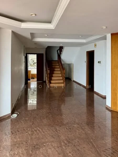 Room features: marble tile flooring, white painted walls, crown moulding, staircase with wooden handrail, large windows for natural light, recessed ceiling lights, doorway leading to another room, open layout, wooden door frames; style: modern.