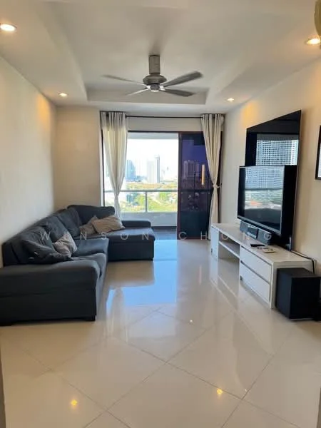 Living features: grey fabric sofa, ceiling fan, white walls, glossy white tile flooring, floor-to-ceiling windows, curtains, TV console, wall-mounted TV, decorative wall art, natural light from window, view of city skyline; style: modern; view: city.