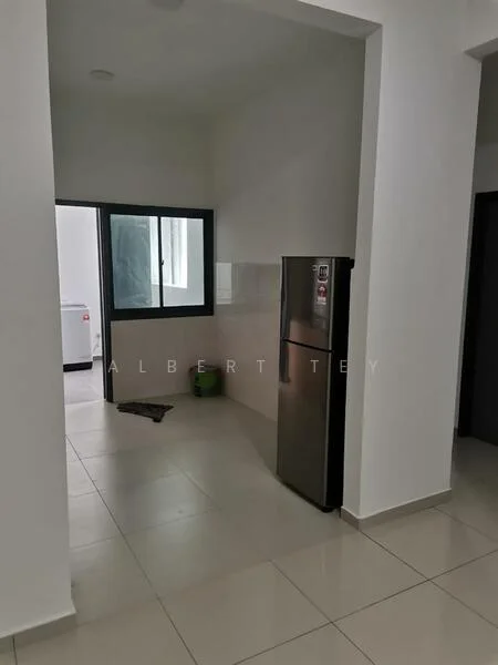 Kitchen features: stainless-steel fridge, white tiled walls, light grey floor tiles, single-bowl sink, chrome faucet, window with black frame, countertop with backsplash, built-in cabinetry; style: modern.