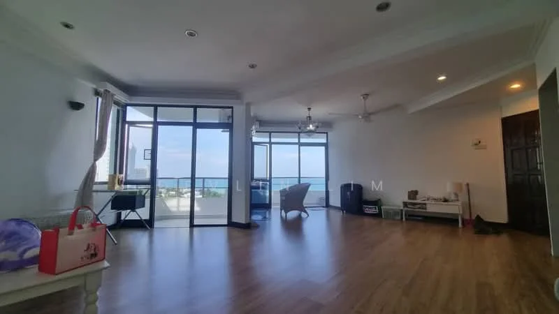Living features: wooden flooring, white painted walls, tray ceiling, 5-blade ceiling fan, floor-to-ceiling windows, sliding glass door, balcony access, natural light, ocean view, decorative wall, minimalist decor; style: modern; view: sea.