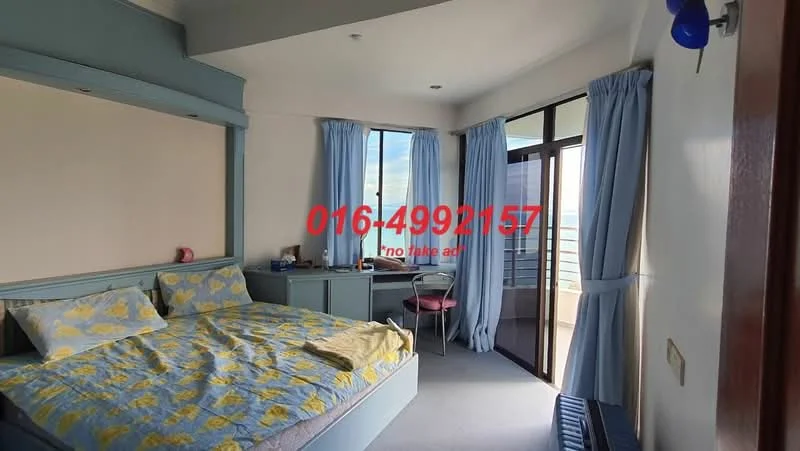 Bedroom features: queen-size bed with yellow floral bedding, built-in headboard with storage, floor-to-ceiling windows, sliding glass door to balcony, blue curtains, study desk with chair, built-in cabinetry, carpeted flooring, decorative wall with light color, view of the city skyline; style: modern; view: city.