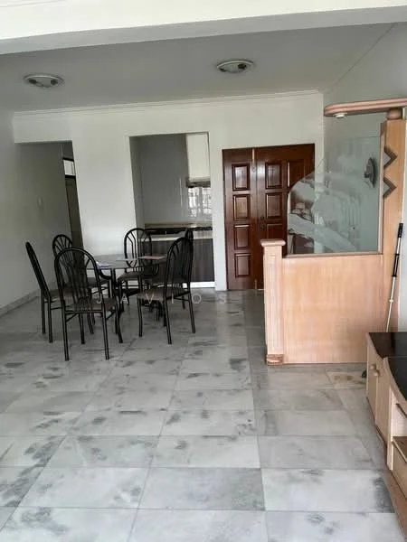 Living features: marble flooring, white painted walls, ceiling lights, dining table with four chairs, wooden cabinet, open layout, door to hallway, kitchen area visible in background; style: modern.