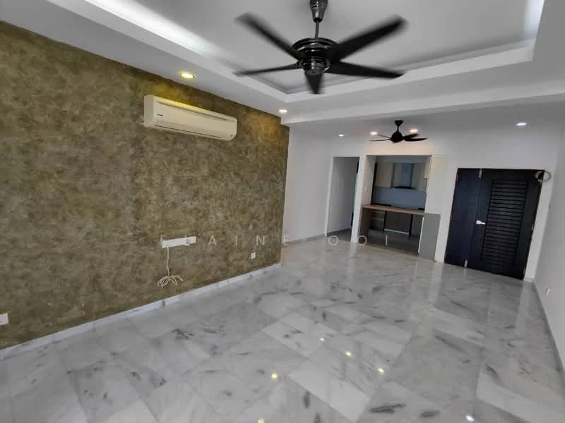 Living features: marble flooring, exposed stone accent wall, recessed downlights, 5-blade ceiling fan, wall-mounted split AC, white painted walls, sliding door to adjacent room, built-in wardrobe, open layout; style: modern.