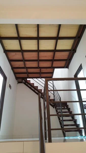 Room features: wooden staircase, metal railing, exposed wooden beams, coffered ceiling, light-colored ceiling panels, white walls, tile flooring; style: modern.