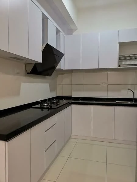 Kitchen features: white cabinetry, black granite countertop, ceramic tile flooring, built-in oven, stainless-steel range hood, 4-burner gas hob, wall-mounted shelves, white tiled backsplash, single-bowl stainless-steel sink, chrome pull-down faucet; style: modern.