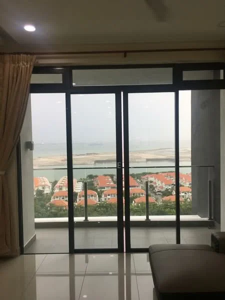 Room features: floor-to-ceiling windows, sliding glass door, beige curtains, grey tiled flooring, view of the sea, view of the city skyline, balcony access; style: modern; view: sea.