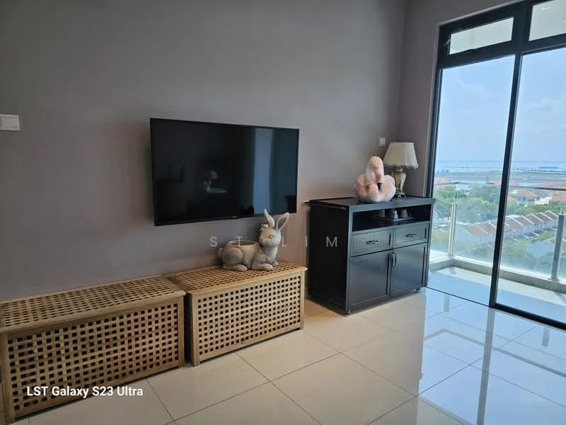 Living features: large flat-screen TV, light grey painted walls, white tiled flooring, two wicker storage benches, decorative stuffed animal, black cabinet, floor-to-ceiling windows, city view; style: modern; view: city.