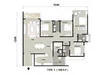 Floor plan: 3-bedroom 2-bathroom unit; features: open-plan kitchen-dining-living, master bedroom with ensuite bathroom, bedroom 2 with shared bathroom, utility room, balcony off living room, central foyer, 1 car porch.