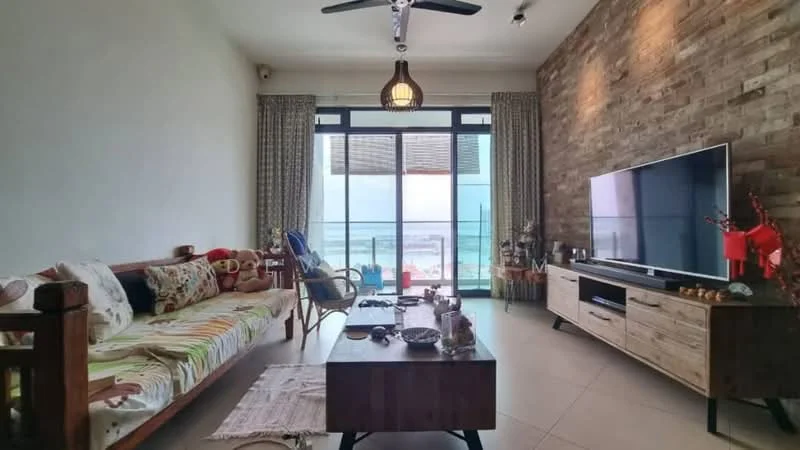 Living features: 3-seater fabric sofa with colorful throw, wooden coffee table, TV console with flat-screen TV, exposed brick accent wall, floor-to-ceiling windows, sheer curtains, ceiling fan with light, decorative wall lamp, area rug, decorative items on shelves; style: modern; view: sea.