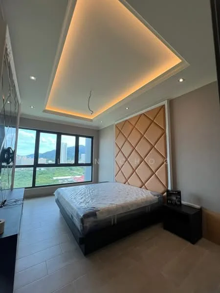 Bedroom features: king-size bed, upholstered headboard with diamond pattern, floor-to-ceiling windows, mountain view, recessed lighting, tray ceiling with LED strip lighting, light-colored wall with accent wall, laminate flooring, TV console, wall-mounted TV; style: modern; view: mountain.