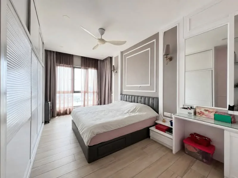 Bedroom features: king-size bed with upholstered headboard, floor-to-ceiling windows, sheer curtains, wooden flooring, 5-blade ceiling fan, wall sconces, built-in wardrobe with sliding doors, dressing table with mirror, decorative wall paneling, neutral wall color, nightstand with storage; style: modern; view: city.