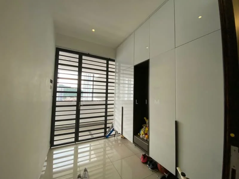 Room features: white painted walls, glossy tile flooring, sliding glass door, built-in cabinets with white finish, recessed downlights, shoe storage area, window with horizontal metal grilles, decorative items on floor; style: modern; view: city.
