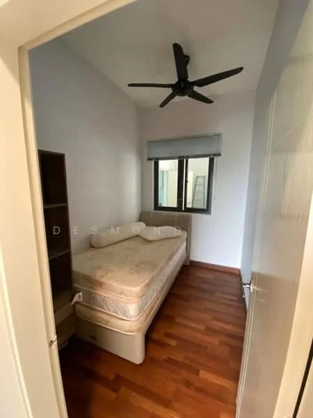 Bedroom features: wooden flooring, white painted walls, sliding window with blinds, ceiling fan, single bed frame, mattress, built-in bookshelf, empty wall space.