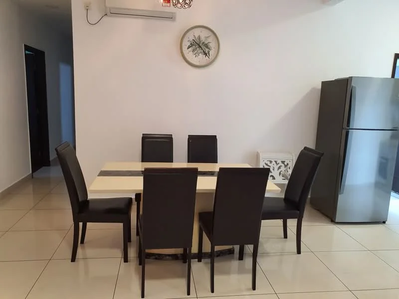 Dining features: rectangular dining table with cream top, 6 black upholstered dining chairs, wall-mounted air conditioning unit, framed wall art with botanical design, light-colored tiled flooring, white painted walls, sliding glass door leading to outdoor area, decorative wall panel; style: modern.