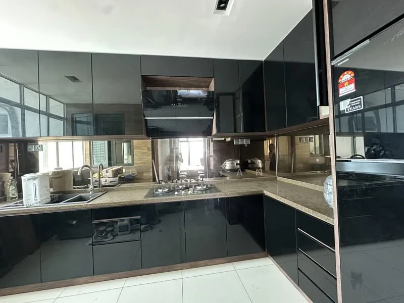 Kitchen features: black glossy cabinetry, granite countertop, stainless-steel sink, chrome pull-down faucet, built-in gas hob, stainless-steel range hood, built-in oven, refrigerator, white tiled backsplash, floor-to-ceiling windows, white tile flooring, under-cabinet lighting; style: modern; view: city.