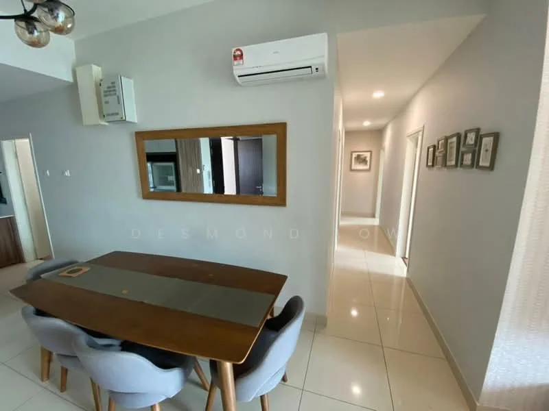 Dining features: rectangular wooden dining table, 4 upholstered dining chairs, wall-mounted air conditioning unit, framed mirror on wall, light-colored painted walls, glossy tile flooring, decorative wall art, natural light from hallway; style: modern. Hallway features: light-colored painted walls, glossy tile flooring, framed photographs on wall, doorway leading to other rooms; style: modern.