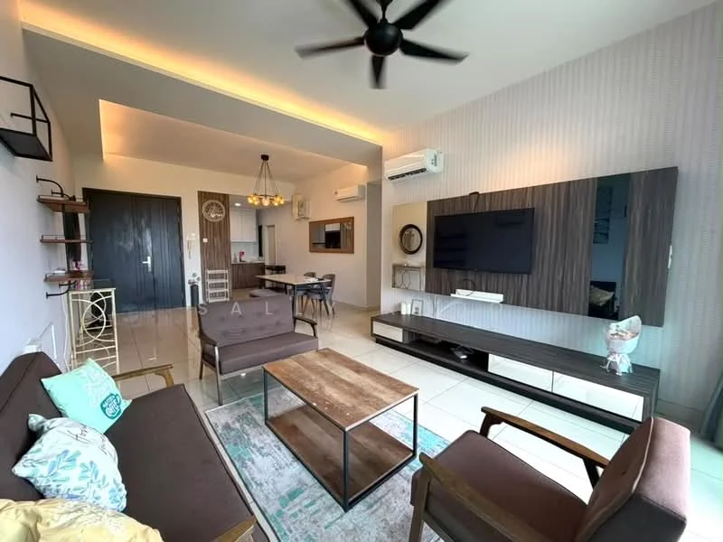 Living features: 3-seater fabric sofa in grey, 2-seater wooden armchair, coffee table with wooden top and metal frame, TV console with wall-mounted TV, decorative wall panel, ceiling fan with light, recessed lighting, area rug with geometric pattern, wall-mounted decor shelf, decorative items on shelves; style: modern.