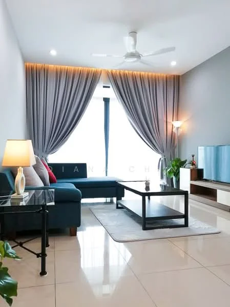 Living features: 3-seater fabric sofa in blue, coffee table with black frame, area rug, floor-to-ceiling windows, sheer curtains, grey accent wall, white painted walls, ceiling fan with light, wall-mounted TV, decorative lamp, indoor plant; style: modern; view: city.