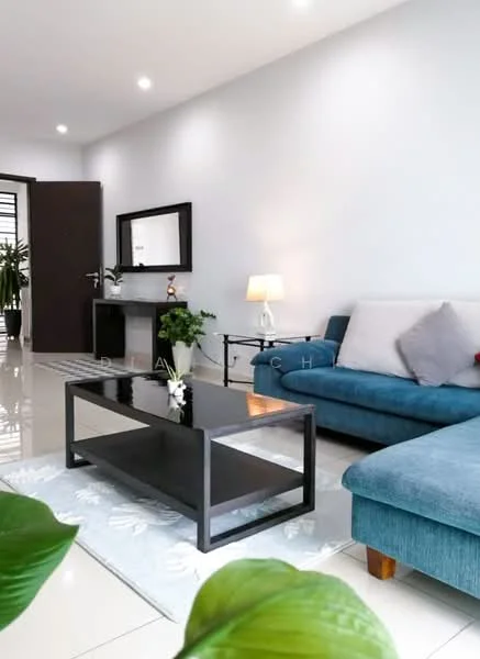 Living features: light grey painted walls, glossy tile flooring, 3-seater fabric sofa in blue, armchair in blue, black coffee table with glass top, decorative plant on coffee table, table lamp with white shade, framed mirror on wall, console table against wall, area rug with geometric pattern, recessed downlights, floor-to-ceiling windows, greenery visible through windows; style: modern; view: garden.