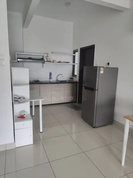 Kitchen features: white cabinets, black countertop, stainless-steel fridge, built-in sink, single-bowl stainless-steel sink, chrome faucet, ceramic tile flooring, wall-mounted shelves, window above sink, open layout, kitchen island with seating, light fixture on ceiling; style: modern.