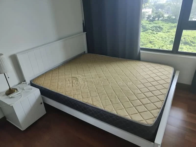 Bedroom features: queen-size bed frame, mattress with beige cover, white bedside table, lamp on bedside table, dark curtains, floor-to-ceiling window, wooden flooring, view of greenery outside; style: modern; view: garden.