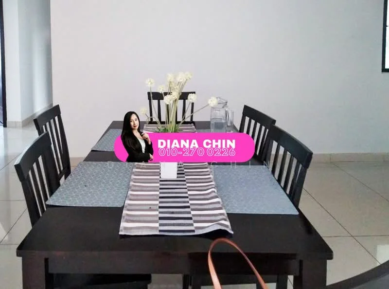 Dining features: dark wooden dining table, 4 wooden dining chairs, light blue table runner, striped table runner, white vase with flowers, glass water pitcher, ceramic plates, neutral wall color, glossy tile flooring, large window with natural light; style: modern.