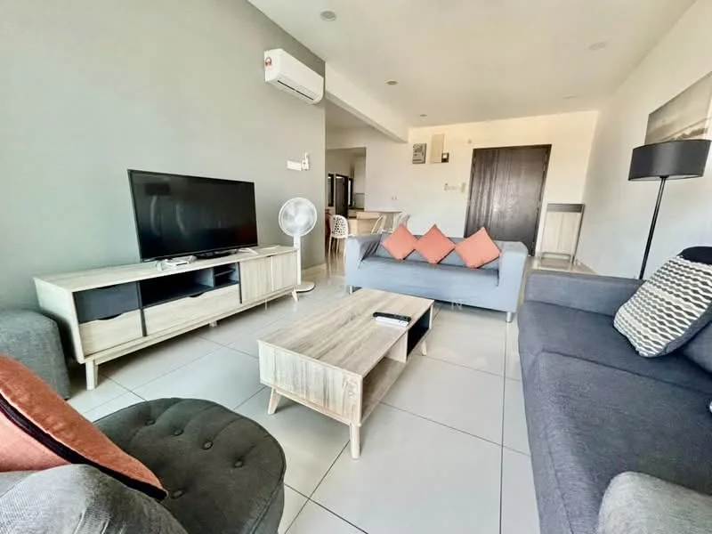 Living features: grey painted walls, white tiled flooring, 5-blade ceiling fan, wall-mounted air conditioning unit, flat-screen TV on console, wooden TV console, coffee table with wooden surface, 2-seater fabric sofa in light blue, 3-seater fabric sofa in dark grey, decorative cushions in orange, floor lamp, area rug with geometric pattern; style: modern.