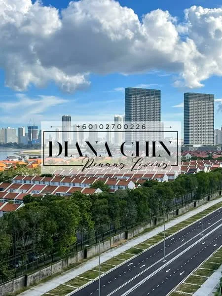 Exterior type: high-rise condominium; features: city skyline view, multiple high-rise buildings, residential houses in foreground, well-maintained road, green landscaping, cloudy blue sky; style: modern.