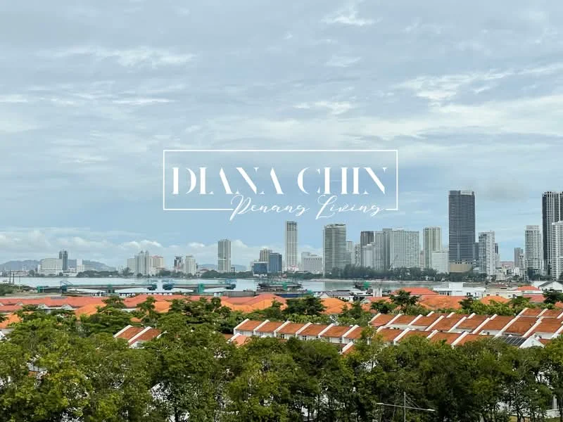 Exterior features: city skyline, waterfront view, greenery in foreground, high-rise buildings, low-rise buildings with red roofs, cloudy sky; style: modern.
