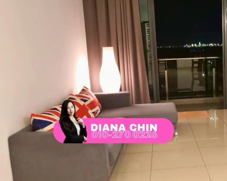 Living features: grey fabric sofa, decorative cushions with Union Jack pattern, floor-to-ceiling windows, curtains in light grey, laminate flooring, table lamp with a soft glow, open layout, city skyline view at night; style: modern; view: city.