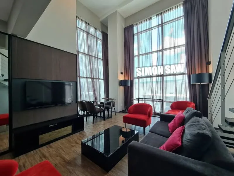 Living features: floor-to-ceiling windows, sheer curtains, grey fabric sofa, 2 red accent chairs, black coffee table, wall-mounted TV, wooden flooring, decorative wall paneling, dining table with chairs, recessed lighting; style: modern; view: city.