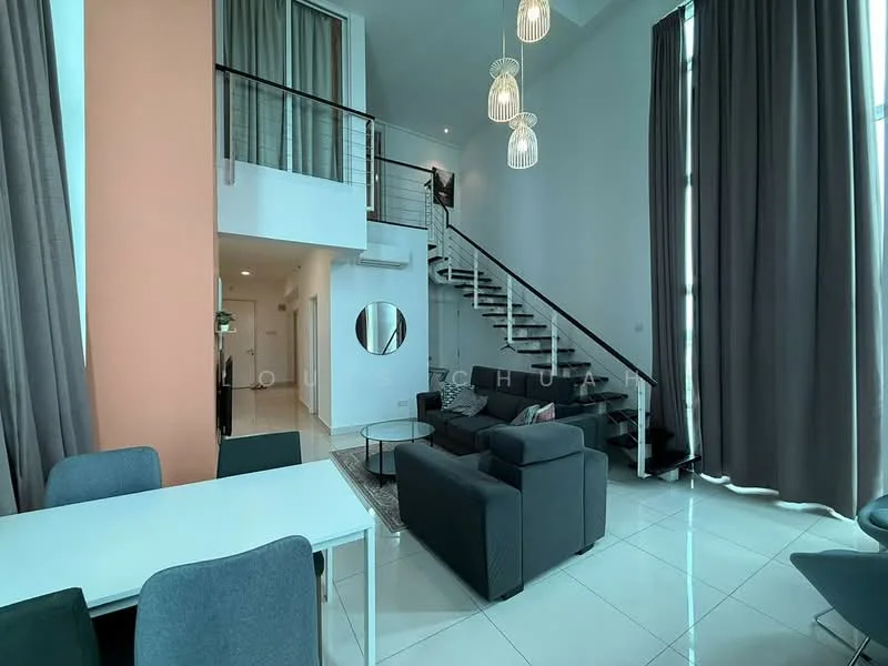 Living features: grey fabric sectional sofa, area rug, coffee table, floor-to-ceiling windows, sheer curtains, pendant lighting, white walls, marble tile flooring, high ceiling, staircase with wooden steps and metal railing; style: modern. Dining features: white dining table, 4 grey upholstered dining chairs; style: modern.
