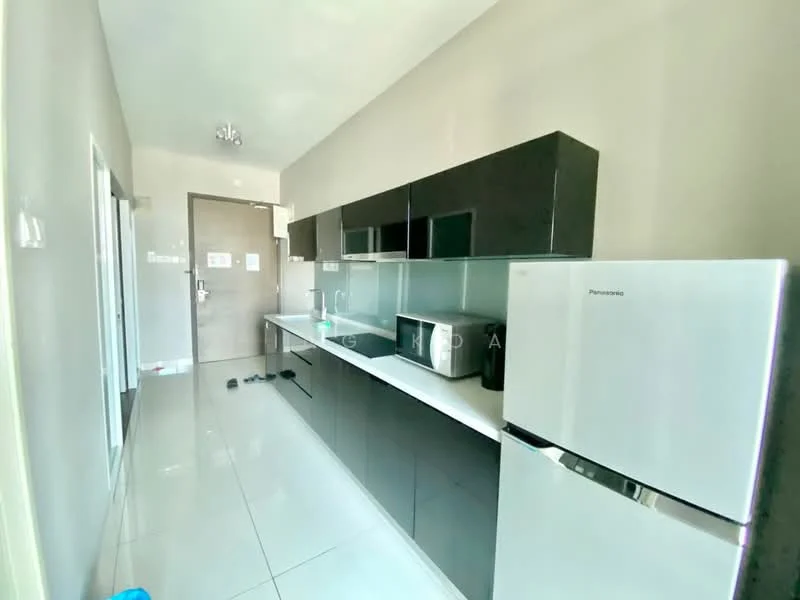 Kitchen features: black flat-panel cabinets, white countertop, stainless-steel fridge, built-in microwave, ceramic tile flooring, recessed ceiling lights, single-bowl stainless-steel sink, chrome pull-down faucet, wall-mounted cabinet, open shelving, neutral painted walls, doorway leading to hallway; style: modern.